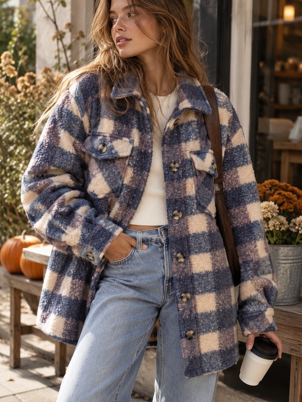 mySTYLE Blue Cream Plaid Teddy Shacket Oversized Size M